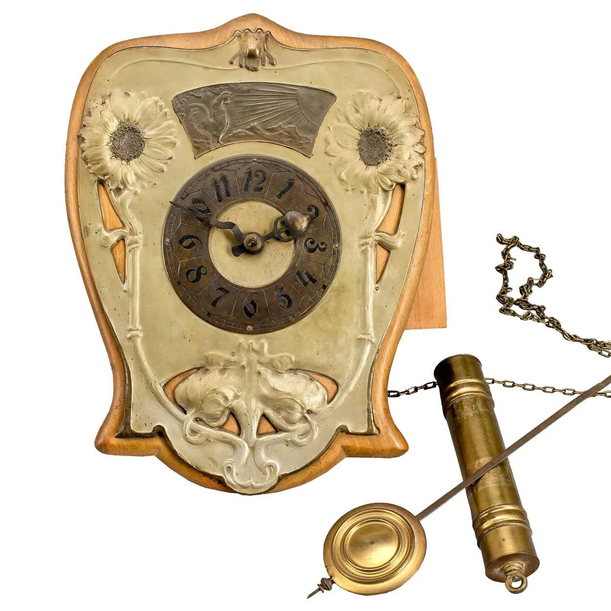 Unusual German Art Nouveau Brass and Beechwood Hanging Wall Clock