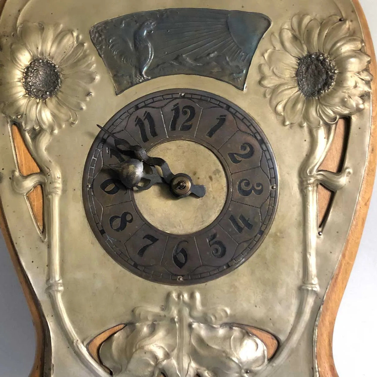 Unusual German Art Nouveau Brass and Beechwood Hanging Wall Clock