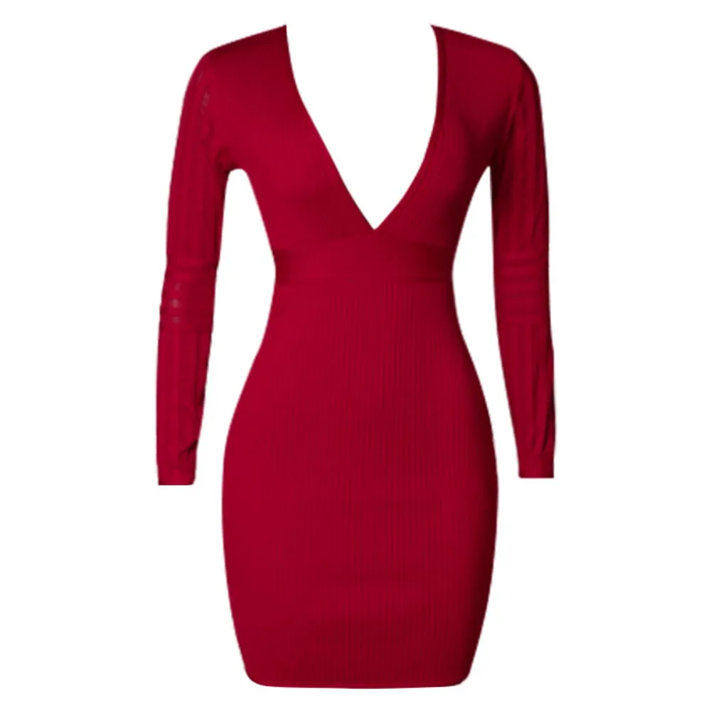 V Neck Long Sleeve Mini Striped Bandage Dress