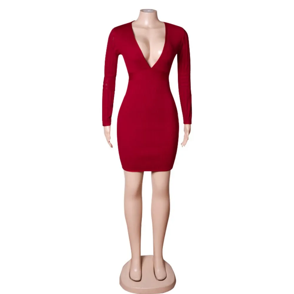 V Neck Long Sleeve Mini Striped Bandage Dress