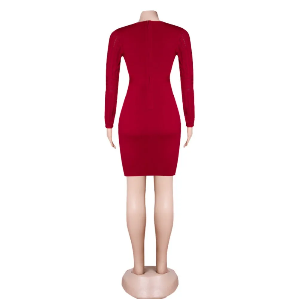 V Neck Long Sleeve Mini Striped Bandage Dress