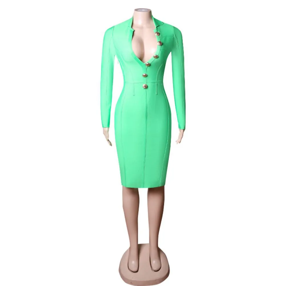 V Neck Long Sleeve Striped Midi Bandage Dress