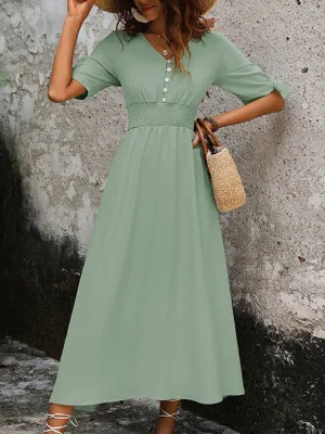 V-Neck Midi Dress with Smocked Waist and Button-Down Front