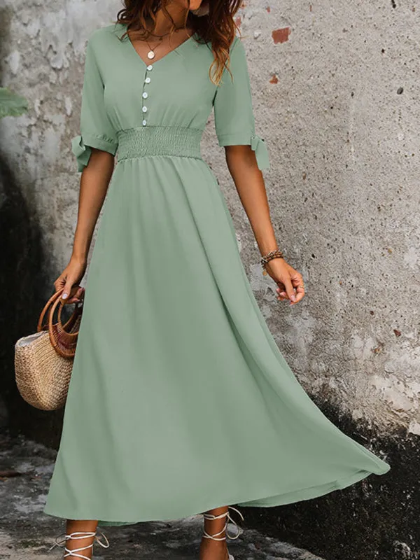 V-Neck Midi Dress with Smocked Waist and Button-Down Front