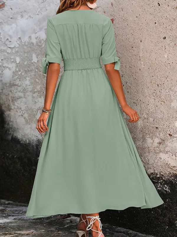 V-Neck Midi Dress with Smocked Waist and Button-Down Front