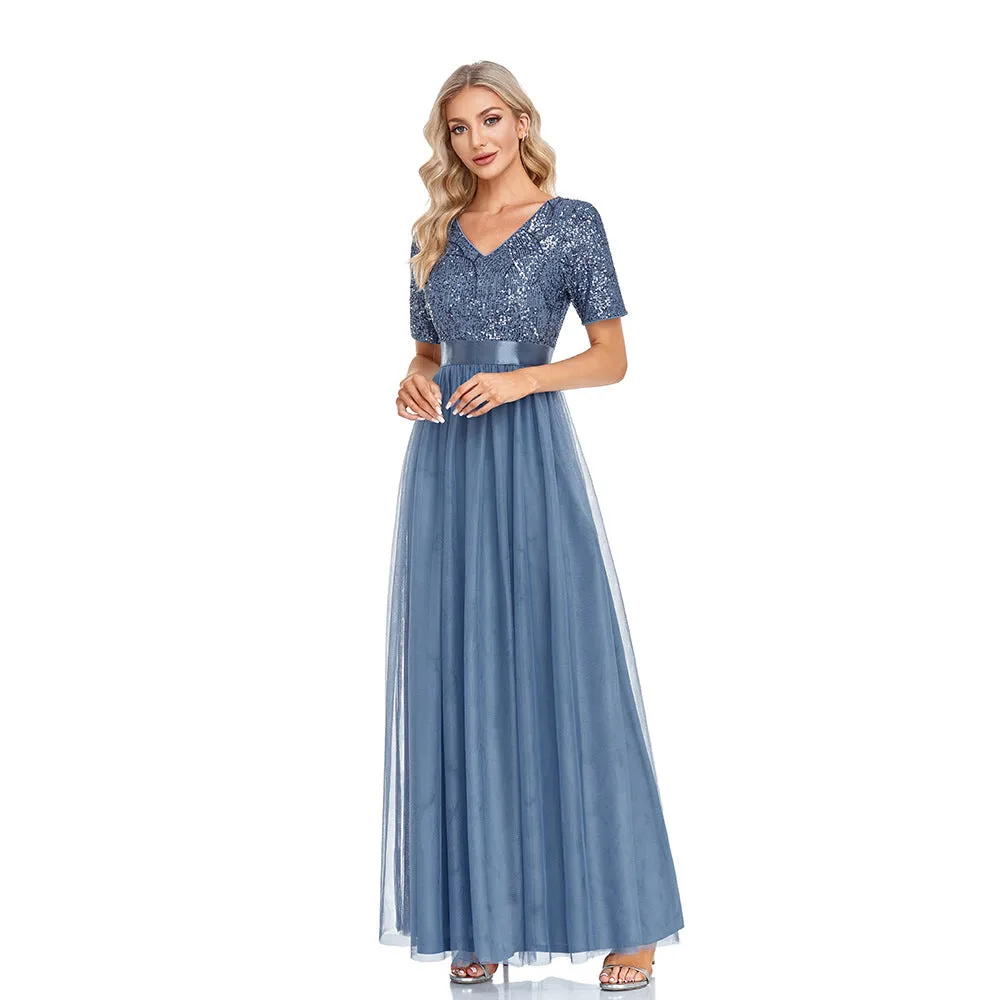 V-Neck Short Sleeve Sequined Tulle A-Line Elegant Prom Evening Dress