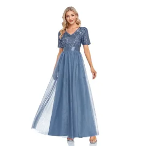 V-Neck Short Sleeve Sequined Tulle A-Line Elegant Prom Evening Dress