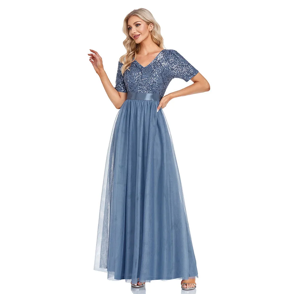 V-Neck Short Sleeve Sequined Tulle A-Line Elegant Prom Evening Dress