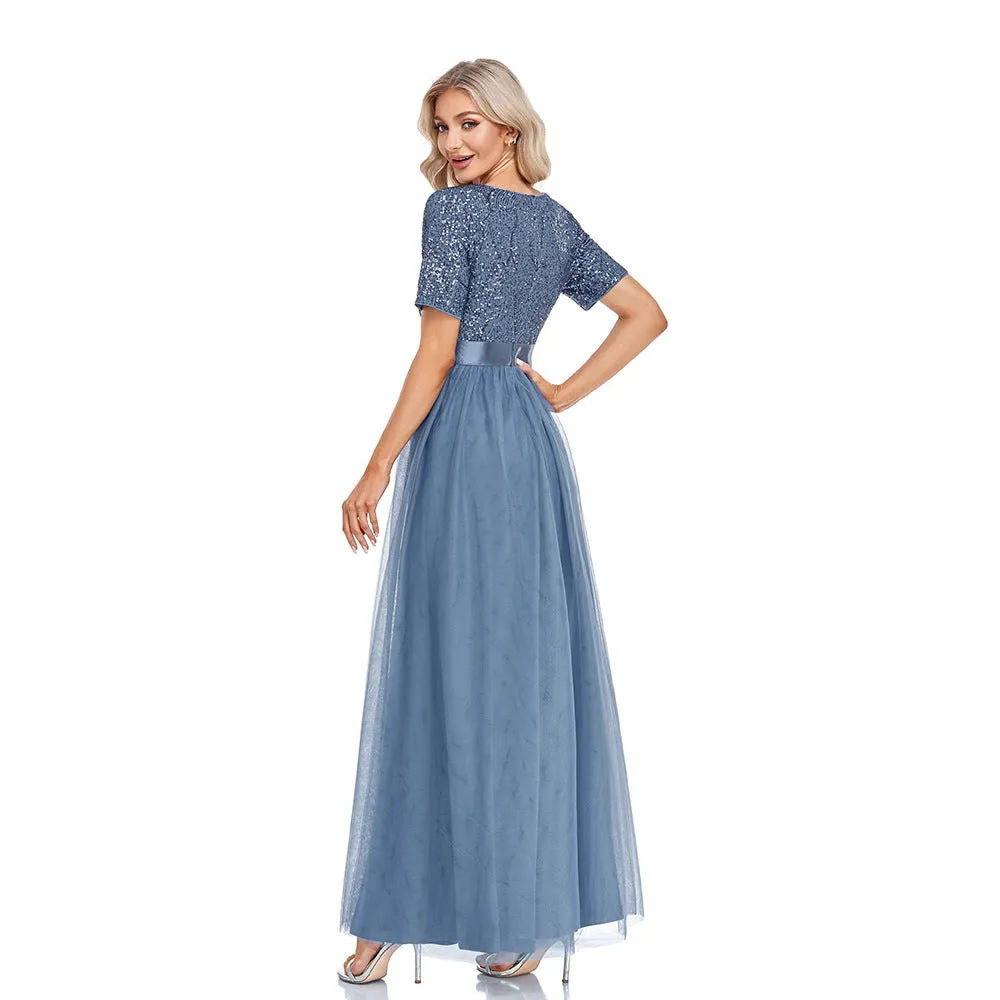 V-Neck Short Sleeve Sequined Tulle A-Line Elegant Prom Evening Dress