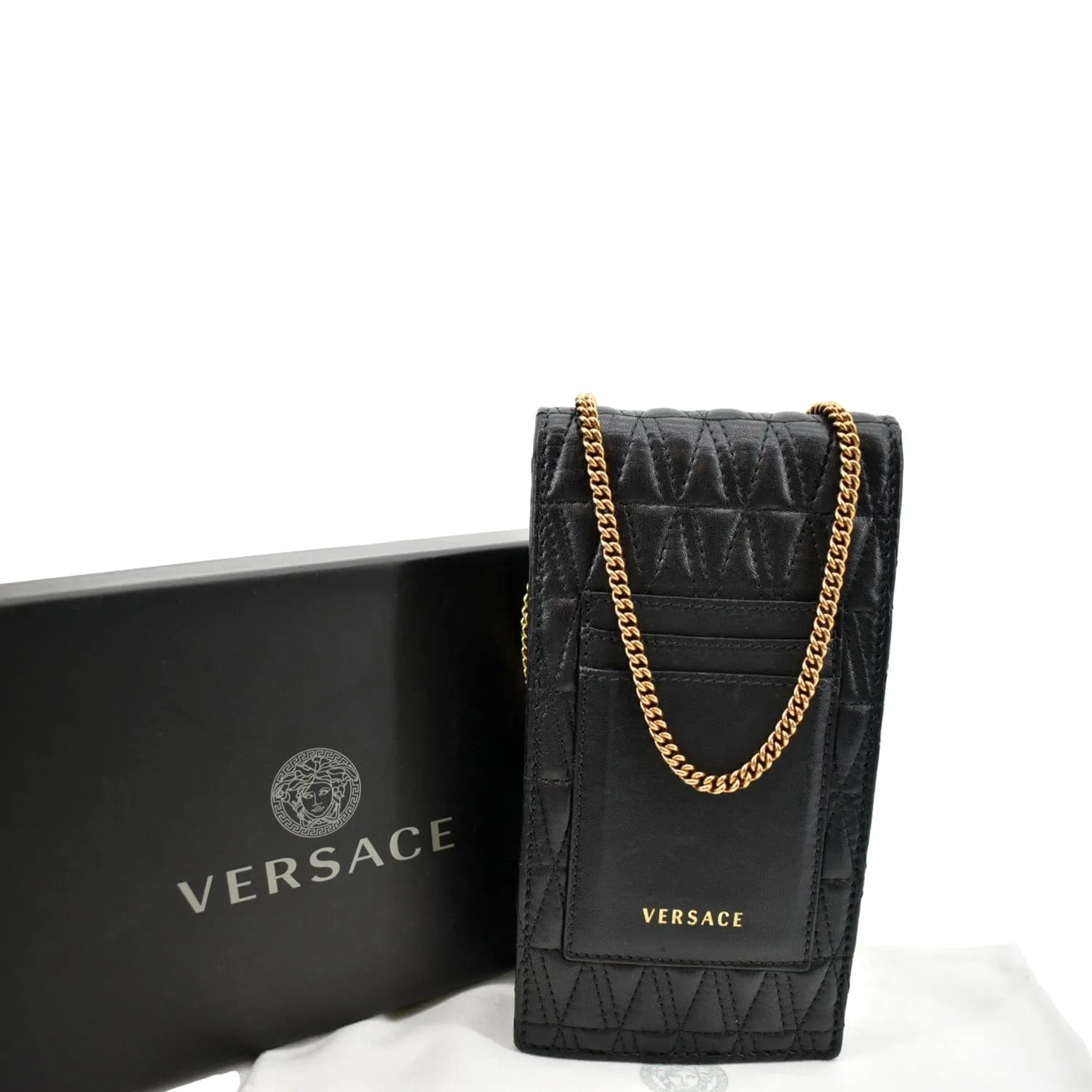 VERSACE Virtus Leather Crossbody Phone Pouch Black