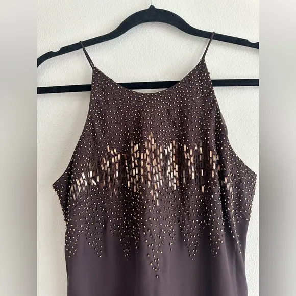 Vintage Y2K Cachet Brown Beaded Slip Dress 90s Glam &amp; Evening Mini Dress Size 4