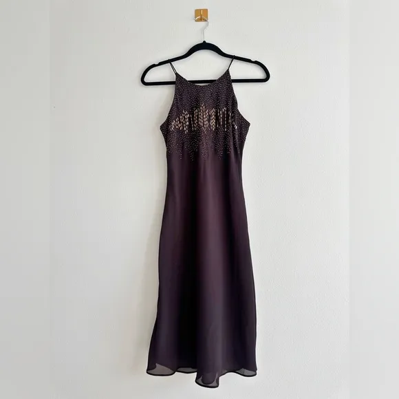 Vintage Y2K Cachet Brown Beaded Slip Dress 90s Glam &amp; Evening Mini Dress Size 4