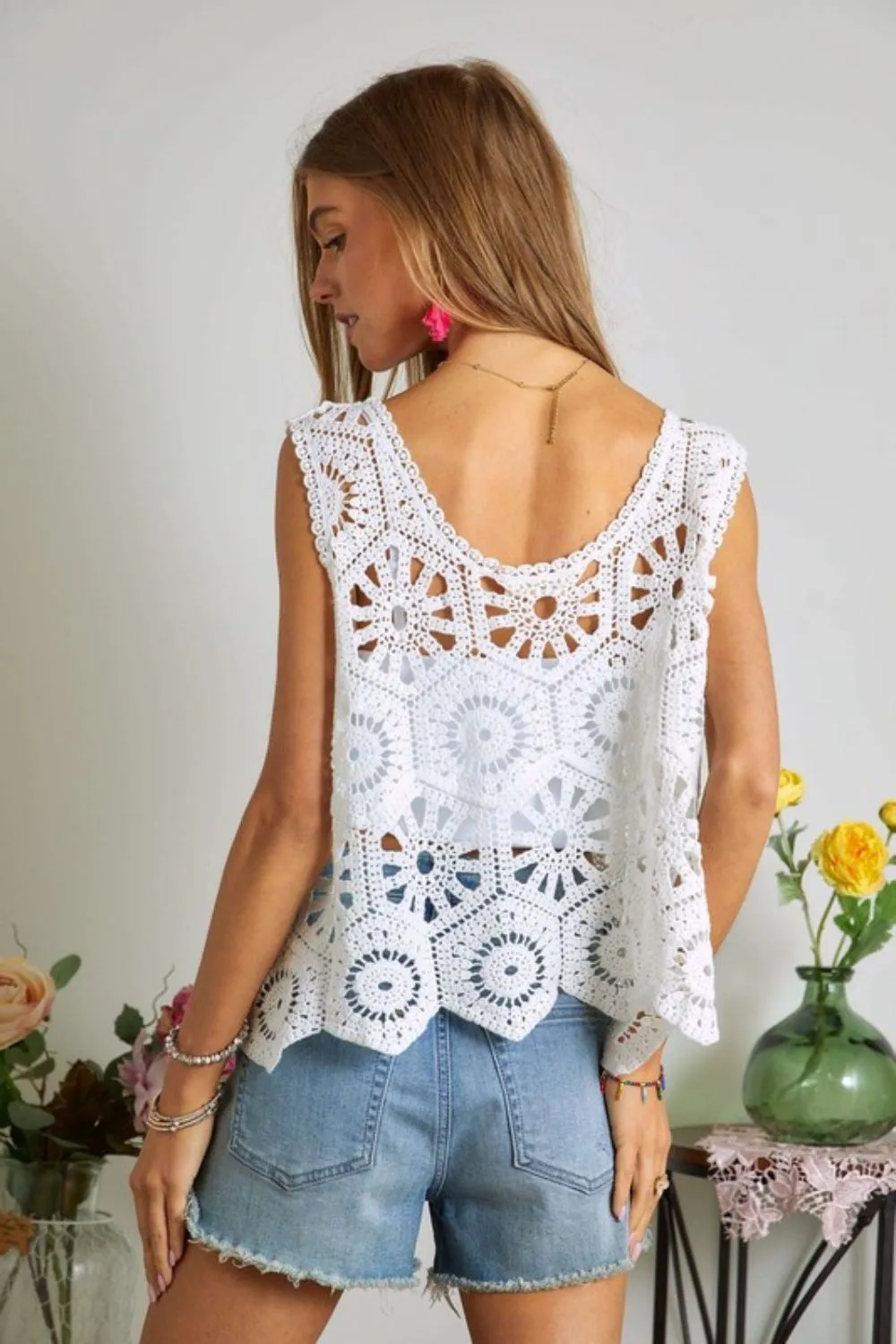 White Crochet Wide Strap Tank Knit Cover Up