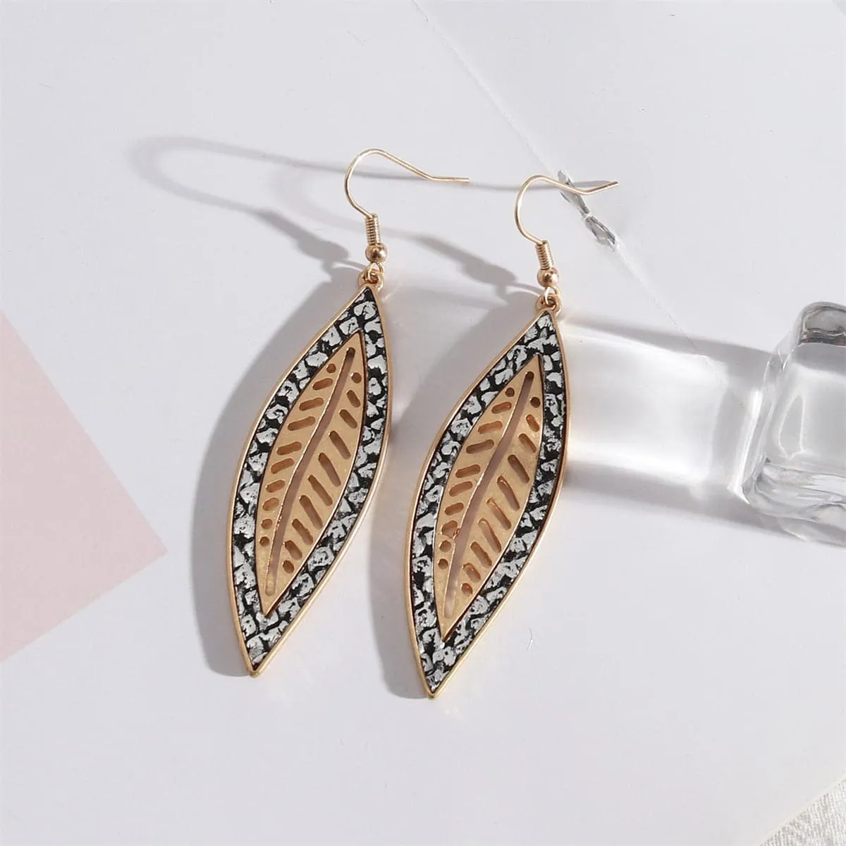 White Polyurethane & 18K Gold-Plated Snakeskin-Embossed Leaf Drop Earrings