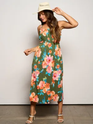 WOMEN'S SLEEVELESS ELASTIC WAIST POCKETS FLORAL MAXI DRESS