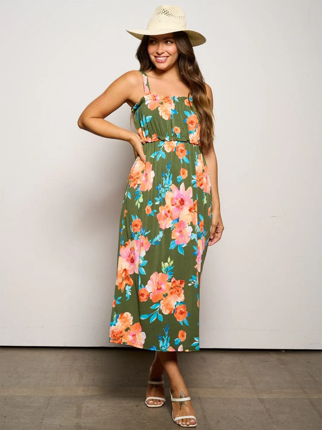 WOMEN'S SLEEVELESS ELASTIC WAIST POCKETS FLORAL MAXI DRESS