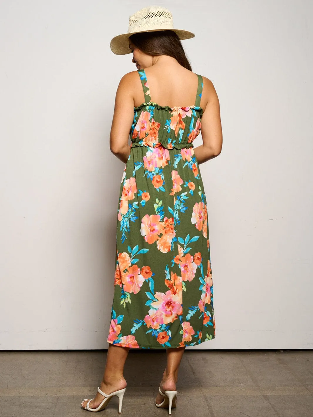 WOMEN'S SLEEVELESS ELASTIC WAIST POCKETS FLORAL MAXI DRESS
