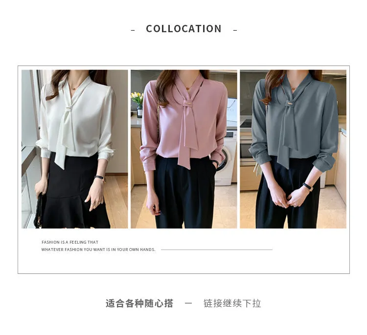 XIWYINSHE Chiffon Shirt Women's Bow Tie  Spring New  Loose Long Sleeve Commuting Elegant V-neck Top